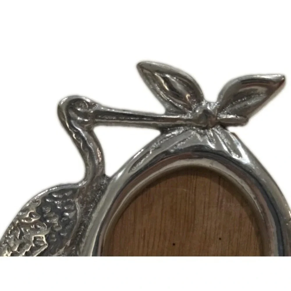 VTG Pewter Stork Baby Picture Frame Nursery Cottagecore Made Mexico Wood Stand